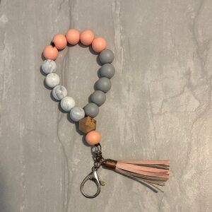 Pink and Gray Beaded Keychain Lanyard